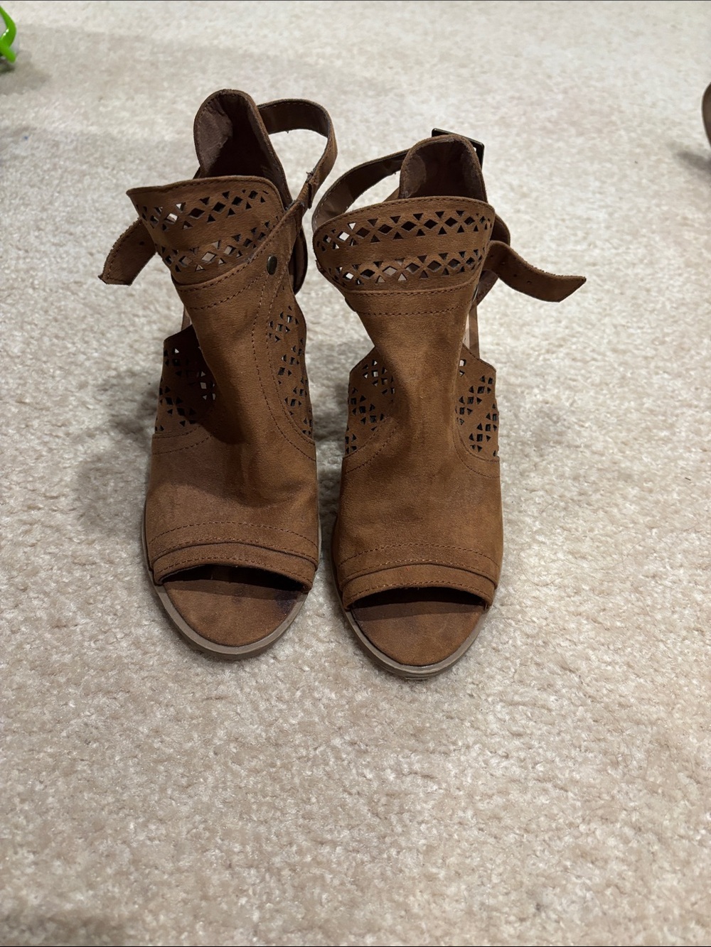 American Eagle Outfitters Brown Suede Laser-Cut Open-Toe Heels